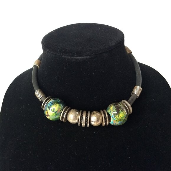 Steampunk Glass Bead Choker Necklace Art to Wear Bold Statement Unique Fun - Picture 1 of 8